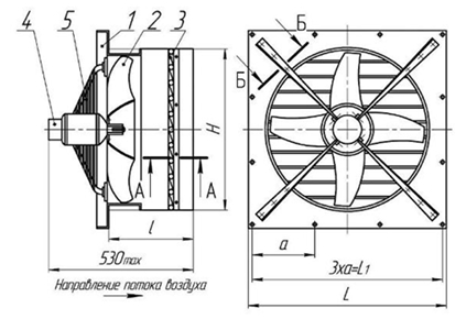 Габаритные и присоединительные размеры осевого вентилятора ВО-Ф-5,6