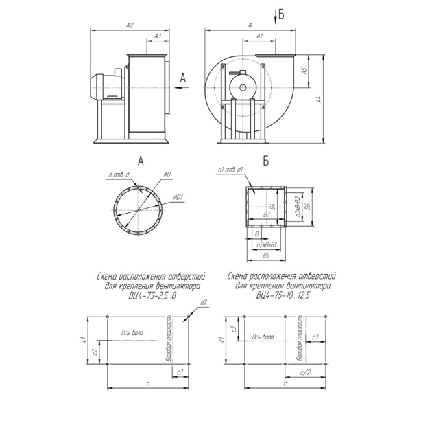 Габаритные и присоединительные размеры вентилятора ВЦ 4-75-3,15-1